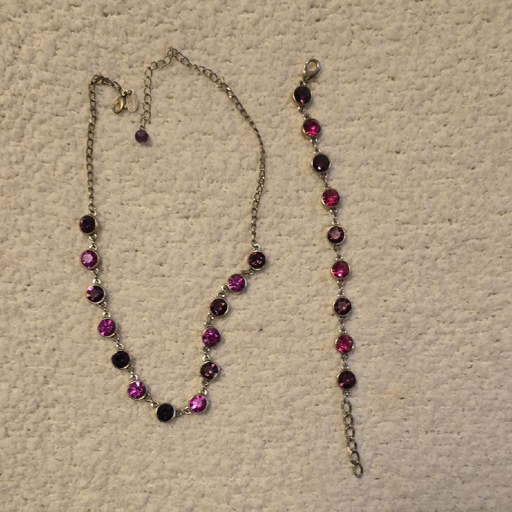 Silver-Tone Pink & Purple Crystal Necklace - Elegant Tennis Style